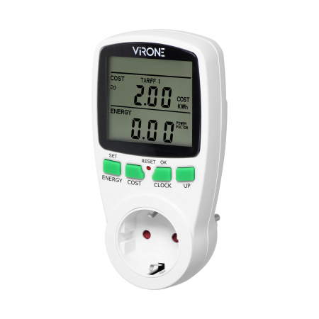 Bricolaj & Electrice - Calculator de energie cu afisaj LCD VIRONE EM-1(GS), 3680W, 16A, schuko, baterie incorporata, 2 tarife, alb