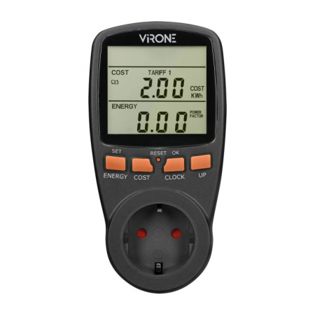 Aparate de masura si control - Calculator de energie cu afisaj LCD VIRONE EM-1(GS)/B, 3680W, 16A, schuko, baterie incorporata, 2 tarife, negru