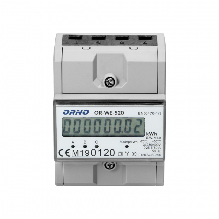 Aparate de masura si control - Contor trifazic ORNO OR-WE-520, 80A, certificare MID, 3 faze, 230V, clasa de masurare B, frecventa de impuls 800 imp/kWh, IP51, gri