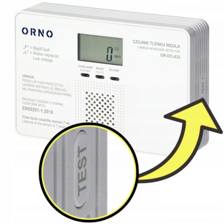 Detector monoxid de carbon ORNO OR-DC-633, 1 x 9V DC, LCD, buton TEST, alb [2]