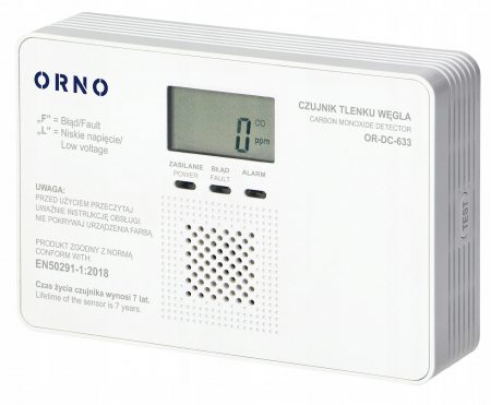 Senzori si detectoare - Detector monoxid de carbon ORNO OR-DC-633, 1 x 9V DC, LCD, buton TEST, alb