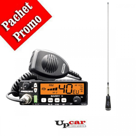 Statii radio auto CB - Pachet statie radio auto CB President BARRY II ASC AM/FM, Roger Beep, NB, ANL, Port USB, VOX, 12V/24V + Antena CB PNI LED 2000 cu filet SO-239, lungime 90 cm