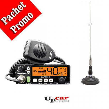 Statii radio auto CB - Pachet statie radio auto CB President BARRY II ASC AM/FM, Roger Beep, NB, ANL, Port USB, VOX, 12V/24V + Antena CB PNI ML100 lungime 100cm + Baza magnetica