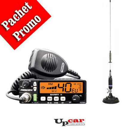 Statii radio auto CB - Pachet statie radio auto CB President BARRY II ASC AM/FM, Roger Beep, NB, ANL, Port USB, VOX, 12V/24V + Antena CB PNI S75 lungime 75cm + Baza magnetica
