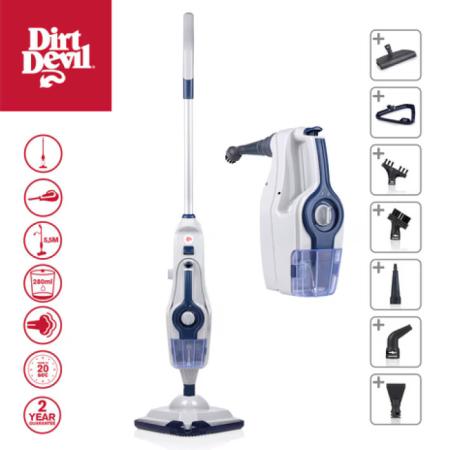 RESIGILAT Aparat de curatat cu abur Dirt Devil DD7003,1600 W, capacitate rezervor apa 280 ml, rezervor de detergent 150ml, 5 accesorii, Alb-Albastru [2]