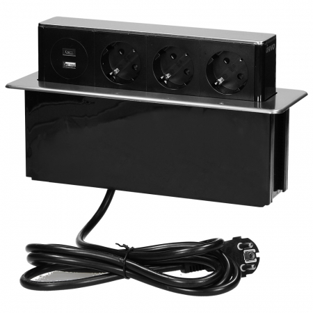 RESIGILATE - RESIGILAT Priza pentru mobilier ORNO OR-GM-9014(GS)/B-G, incastrabila, panou culisant, 3 prize Schuko, 2 x USB Quick Charge 3.0, 3680 W, lungime cablu 2 m, negru/gri