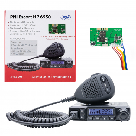 Statii radio auto CB - Statie radio CB PNI Escort HP 6550 + PNI ECH01 instalat, multistandard, 4W, AM-FM, 12V, ASQ, cu modul de ecou