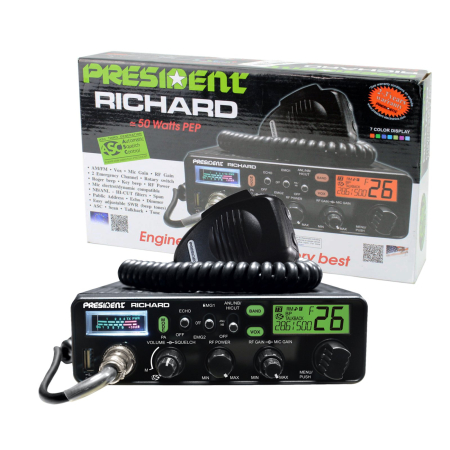 Statii radio auto CB - Statie radio CB President Richard ASC radioamatori 10 - 12 metri, AM/FM, functie Echo, squelch manual/digital, S-metru, SWR metru, USB