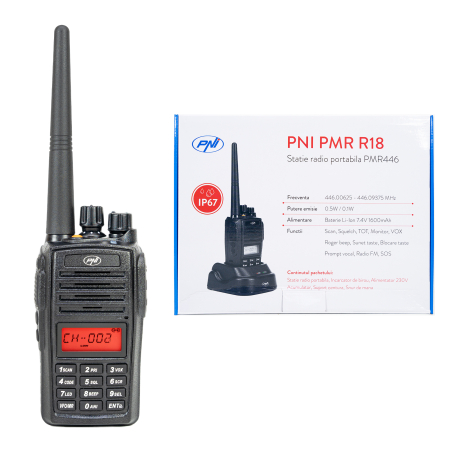 Statii radio walkie talkie - Statie radio portabila PNI PMR R18, 446MHz, 0.5W, 128 canale, 16 PMR si tonuri 50 CTCSS si 104 DCS, Radio FM, programabila, Waterproof IP67