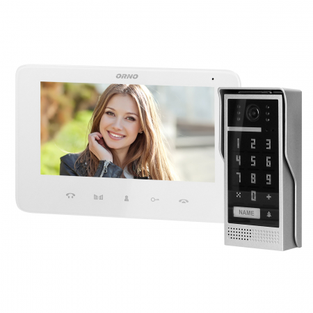Control acces & accesorii - Videointerfon pentru o familie SCUTI ORNO OR-VID-VP-1073/W, color, monitor ultra-plat LCD 7", control automat al portilor, 16 sonerii, functie intercom, tastatura numerica, alb/gri