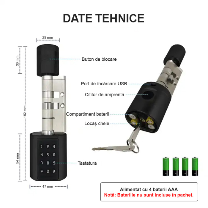 Incuietoare smart cilindru negru TTLock, usi 35-90 mm, acces amprenta, cod, card [3]