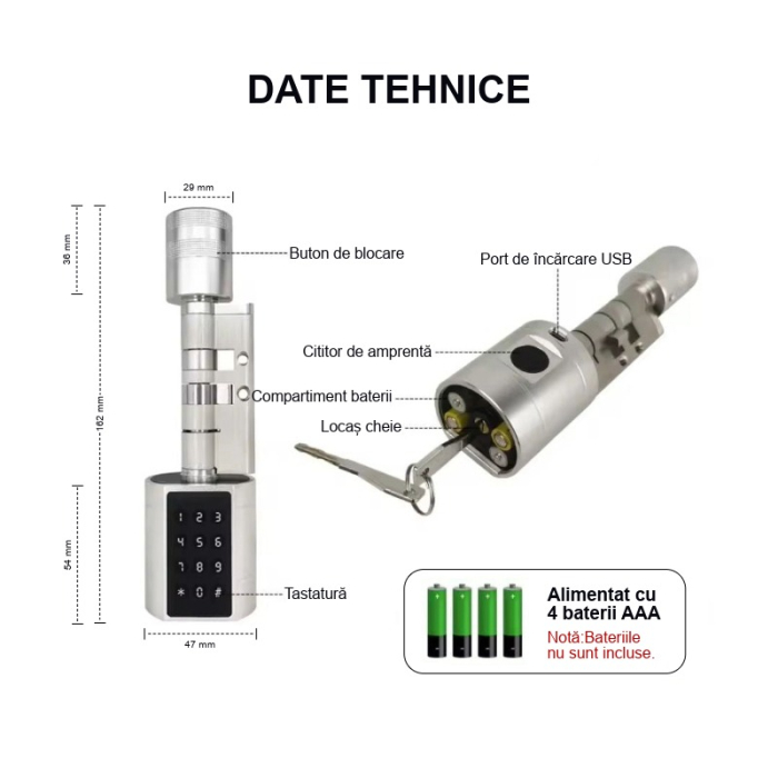 Yala smart TTLock tip cilindru, usi 35-90 mm cu acces amprenta, cod, card, argintiu [5]