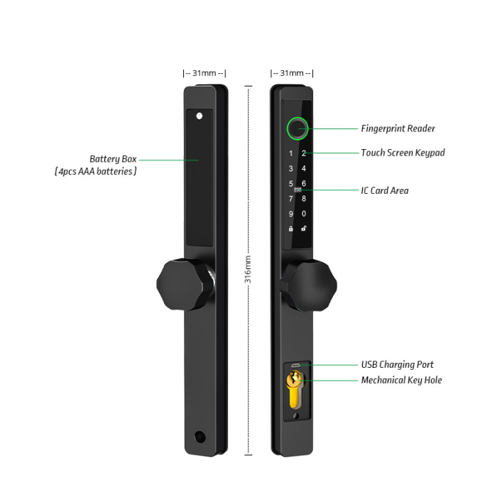 Yala smart ultraslim cu maner rotund pentru usi termopan, control TTLock, argintiu [3]