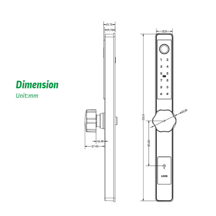 Yala smart ultraslim cu maner rotund pentru usi termopan, control TTLock, negru [4]