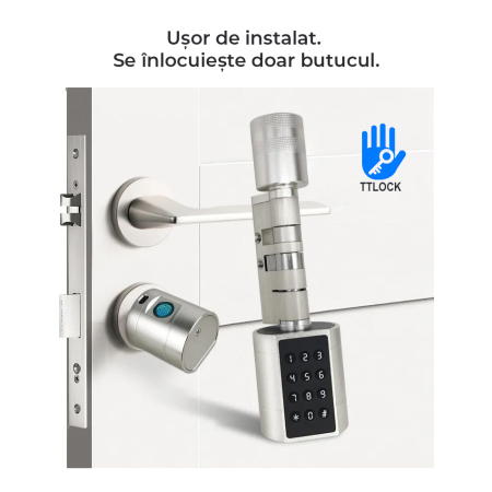 Yala smart TTLock tip cilindru, usi 35-90 mm cu acces amprenta, cod, card, argintiu [1]