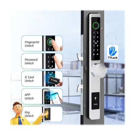 Yala smart ultraslim cu maner rotund pentru usi termopan, control TTLock, argintiu [4]