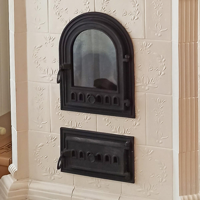 Set ușă de sobă + ușă de cenușar din fontă, Napoleon cu închidere etanșă – model rotunjit, pentru sobe de teracotă [6]