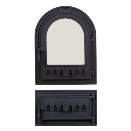 Usi de soba - Set ușă de sobă + ușă de cenușar din fontă, Napoleon cu închidere etanșă – model rotunjit, pentru sobe de teracotă