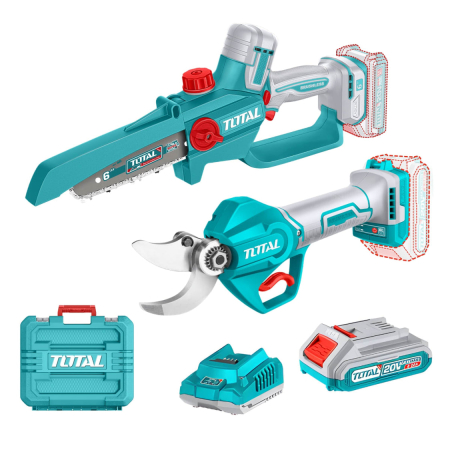 Scule Grădinărit - Kit grădinărit TOTAL 20V, foarfecă electrică crengi + mini drujbă, 2 acumulatori