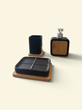 Accesorii baie - Set accesorii baie 3 piese, mat și bambus, dispenser, suport periuțe, savonieră