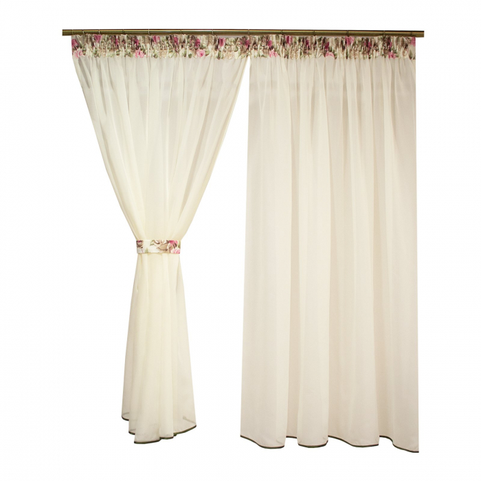 Perdea de bucatarie din voal unt cu flori, 330x150 cm [4]