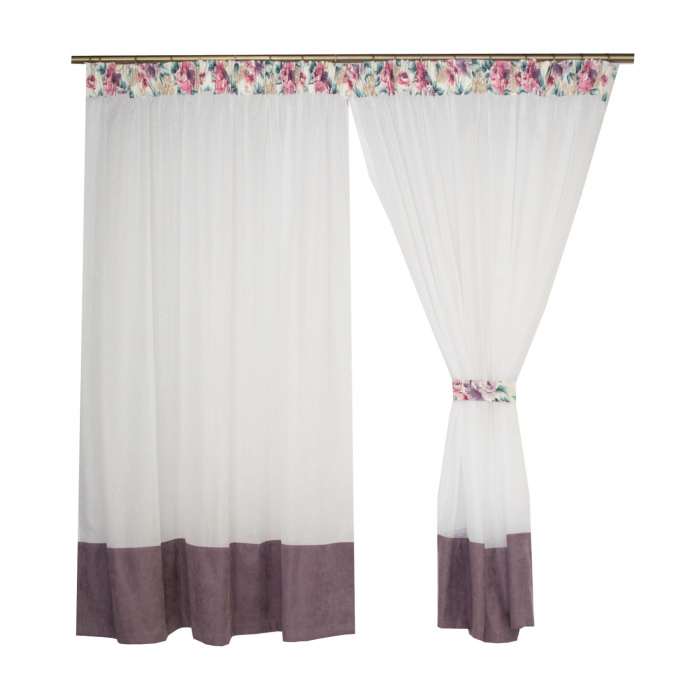 Perdea Velaria alba cu flori si bordura mov, 325x150 cm [3]
