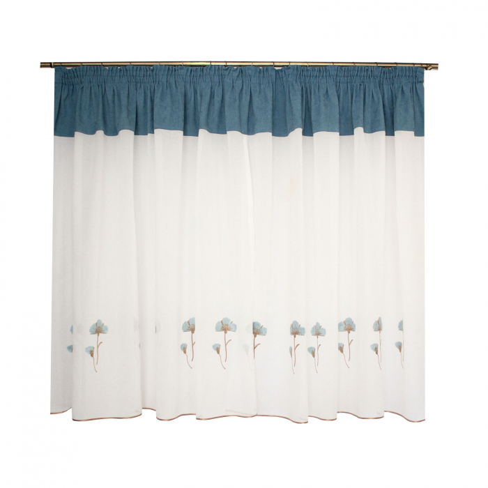 Perdea Velaria de bucatarie, alba cu flori turcoaz, 375x155 cm [5]