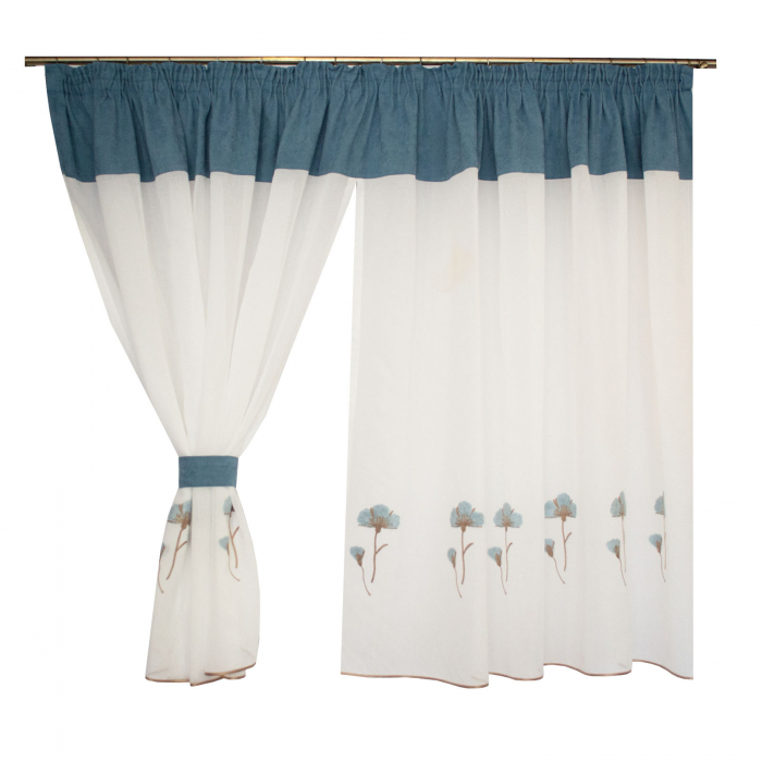 Perdea Velaria de bucatarie, alba cu flori turcoaz, 375x155 cm [4]