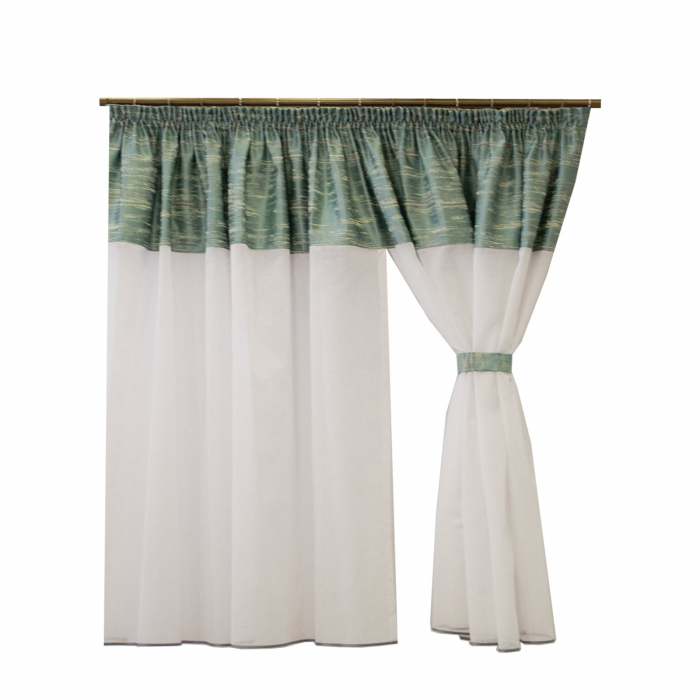 Perdea Velaria de bucatarie din in alb cu jacard turcoaz, 350x165 cm [2]