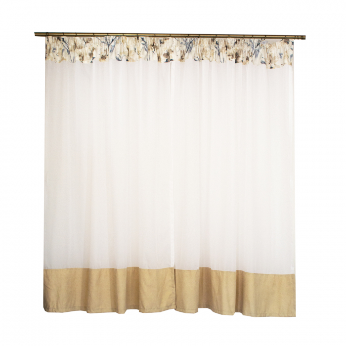 Perdea Velaria de bucatarie voal alb cu flori si bordura bej, 290x175 cm [2]