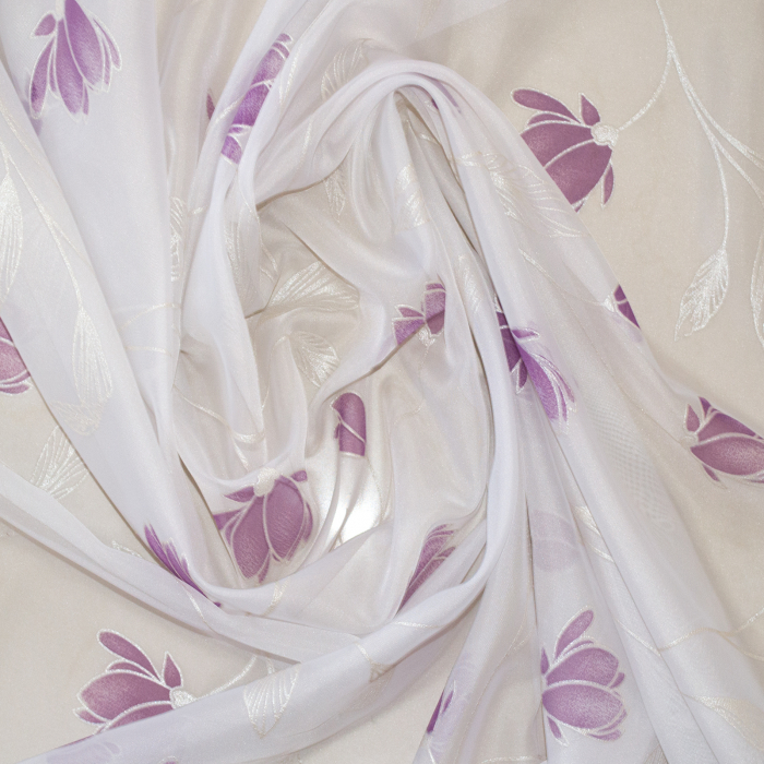 Perdea Velaria de bucatarie, voal alb cu flori mov, 170x150 cm [2]