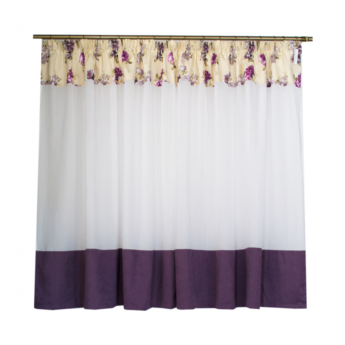 Perdea Velaria de bucatarie, in alb cu flori mov, 345x150 cm [3]