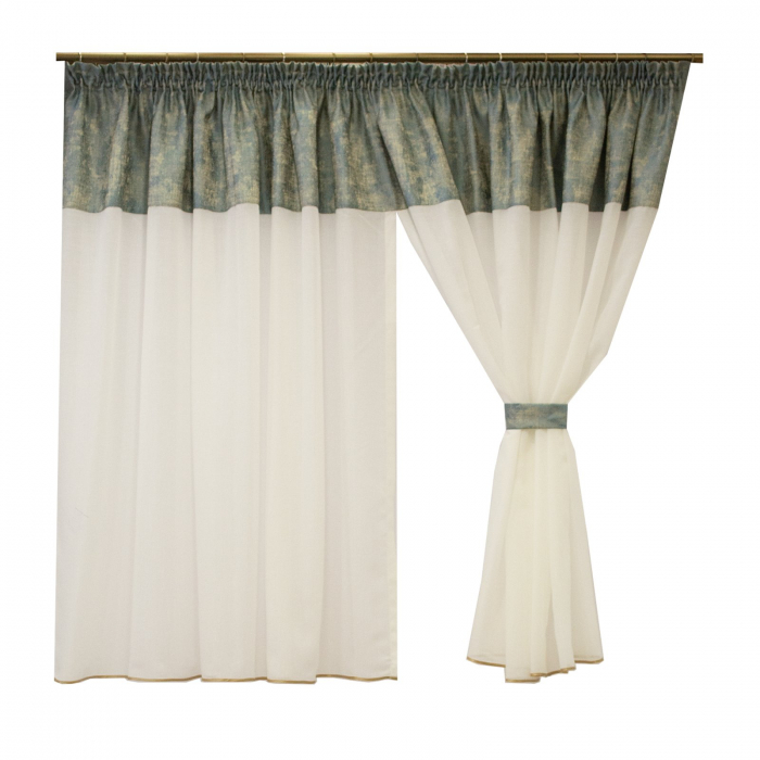 Perdea Velaria alba de bucatarie cu tafta turcoaz, 380x155 cm [4]