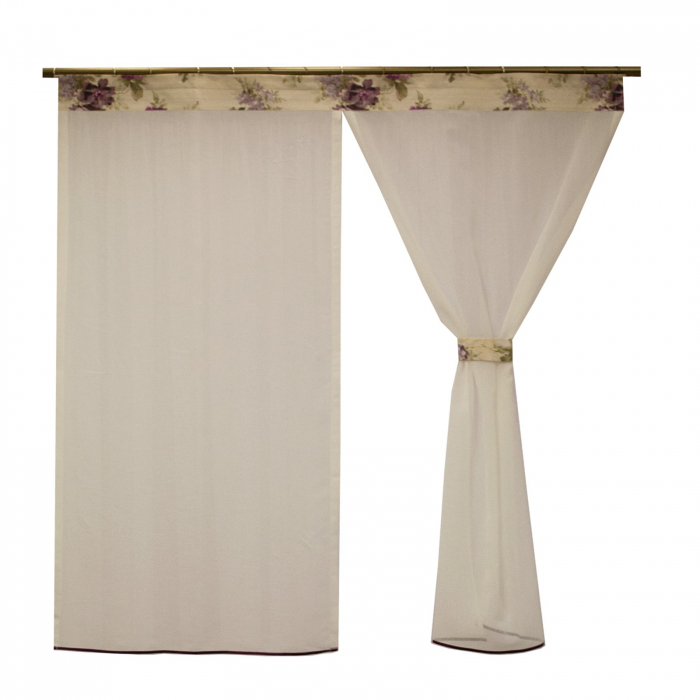 Perdea Velaria din in ivoire cu flori lila, 135x155 cm [4]