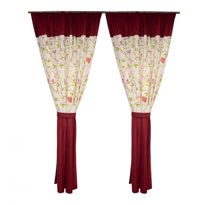 Set draperii Velaria cu flori grena si o parte uni grena, 2*170x235 cm [3]