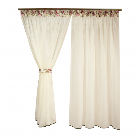 Perdea de bucatarie din voal unt cu flori, 330x150 cm [3]