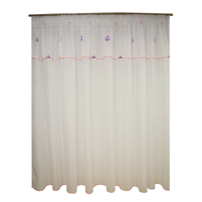 Perdele - Perdea Velaria voal alb cu flori mov si roz, 240x150 cm