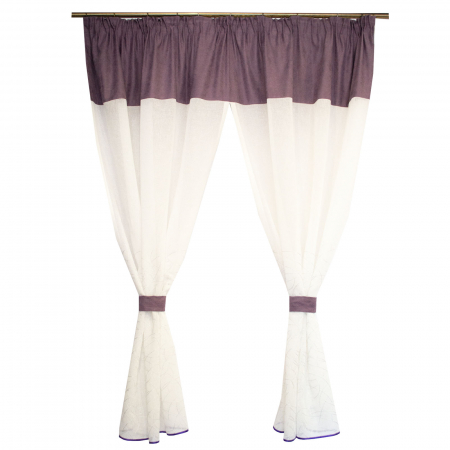 Perdele bucatarie - Perdea Velaria alba cu imprimeu si bata mov, 210x175 cm