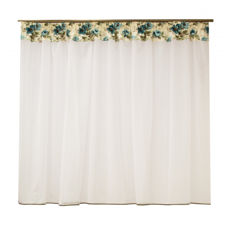 Perdele bucatarie - Perdea Velaria alba cu flori turcoaz, 390x155 cm