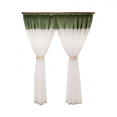 Perdele bucatarie - Perdea Velaria voal alb cu banda verde, 150x145 cm