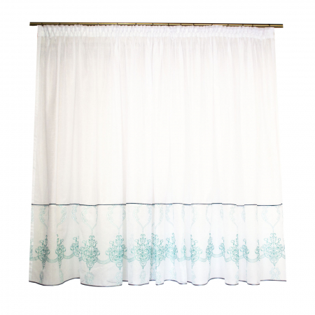 Perdele balcon - Perdea Velaria in alb cu imprimeu baroc turcoaz, 280x145 cm