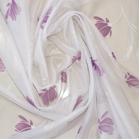 Perdea Velaria de bucatarie, voal alb cu flori mov, 170x150 cm [1]