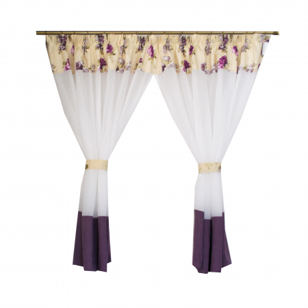 Perdea Velaria de bucatarie, in alb cu flori mov, 345x150 cm [1]