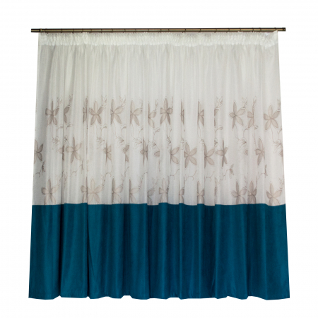 Perdele la oferta - Perdea Velaria in flori gri cu bordura turcoaz, 410x175 cm