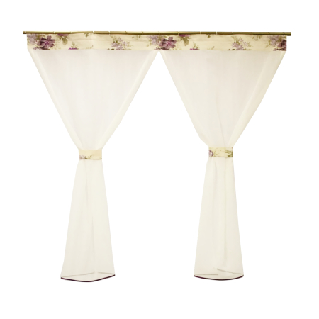 Perdele unicat - Perdea Velaria din in ivoire cu flori lila, 135x155 cm