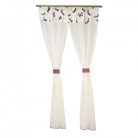 Perdele bucatarie - Perdea Velaria voal ivory cu fluturi mov, 140x175 cm
