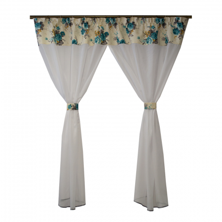 Perdele bucatarie - Perdea Velaria in alb cu flori turcoaz, 210x165 cm