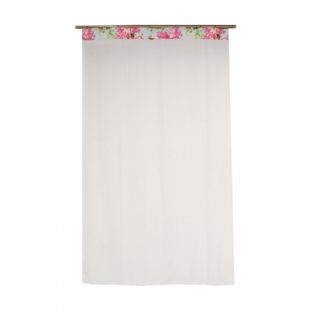 Perdele bucatarie - Perdea Velaria voal alb cu flori roz, 120x170 cm