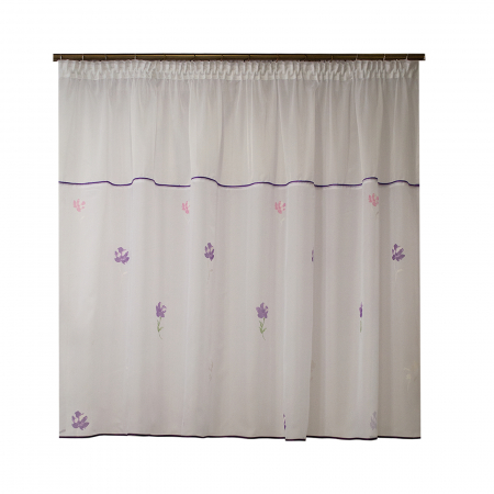 Perdele bucatarie - Perdea Velaria voal alb si flori mov, 240x140 cm