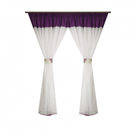 Perdele bucatarie - Perdea Velaria voal alb cu suet mov, 350x165 cm